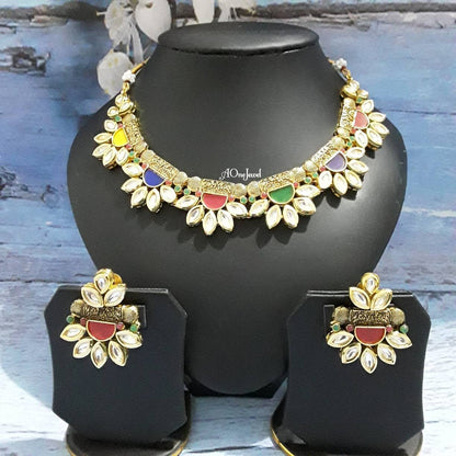 Indian Ethnic Enamel Work Antique Gold Plated Necklace Earrings Set, Necklace Set, Wedding Jewelry Set,Traditional Jewelry,Pakistani Jewelry