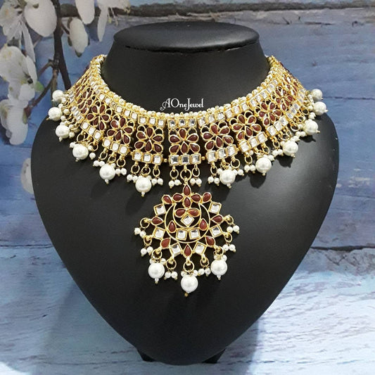 Indian Ethnic Kundan Pearl Maroon Colour Gold Plated Statement Necklace, Kundan Pearl Necklace, Wedding Necklace, Pakistani Jewellery