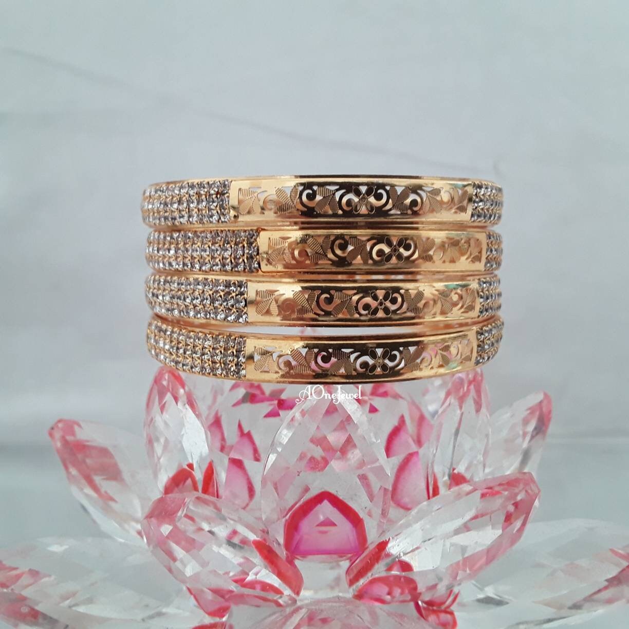 Indian Ethnic 4pcs Gold Plated CZ Bangles, Indian Jewelry, Pakistani Jewelry, Bangles, Bracelet, Kada, Ethnic Bangles, Wedding Bangles