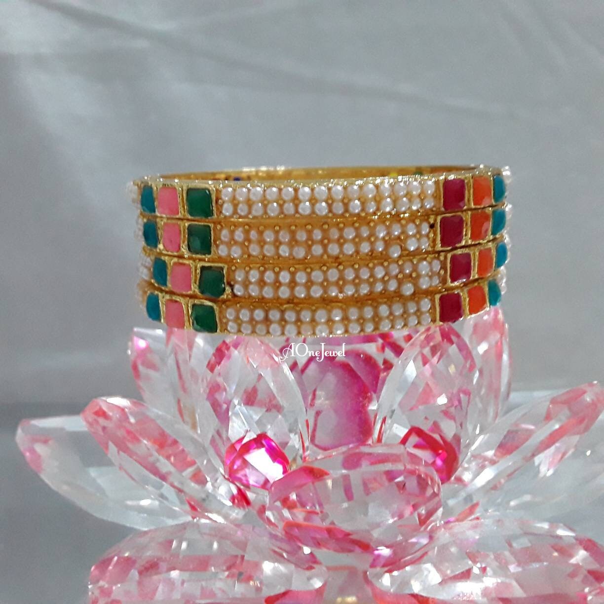 Indian Ethnic 4pcs Gold Plated Kundan Pearl Bangles Size 2.4, Indian Jewelry, Pakistani Jewelry, Bangles, Bracelet, Kada, Ethnic Bangles