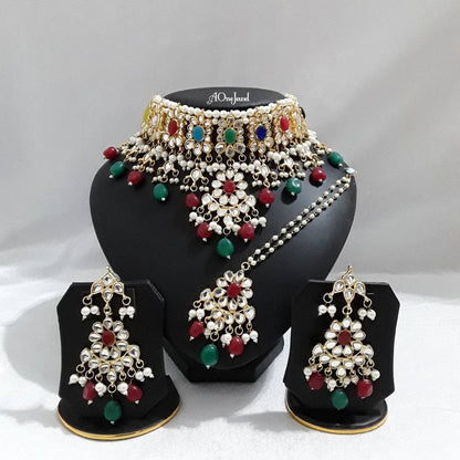 Indian Ethnic Kundan Pearl Gold Plated Choker Necklace Earrings Tikka, Pearl Necklace Set, Wedding Bridal Jewelry Set, Pakistani Jewellery