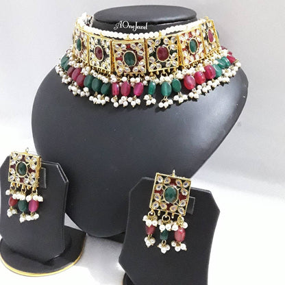 Indian Ethnic Kundan Pearl Gold Plated Choker Necklace Earrings Set, Pearl Necklace Set, Wedding Bridal Jewelry Set, Pakistani Jewellery