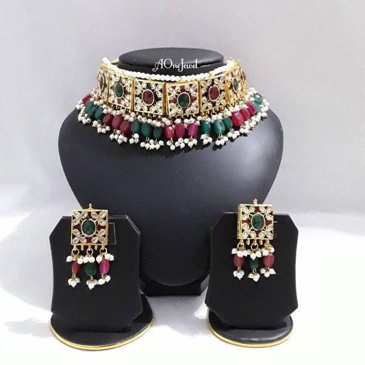 Indian Ethnic Kundan Pearl Gold Plated Choker Necklace Earrings Set, Pearl Necklace Set, Wedding Bridal Jewelry Set, Pakistani Jewellery