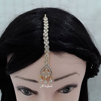 Indian 22K Gold Plated American Diamond head piece Tikka | Silver Tikka | Gold mang tikka | pakistani designer jewellery |  bridal jewellery