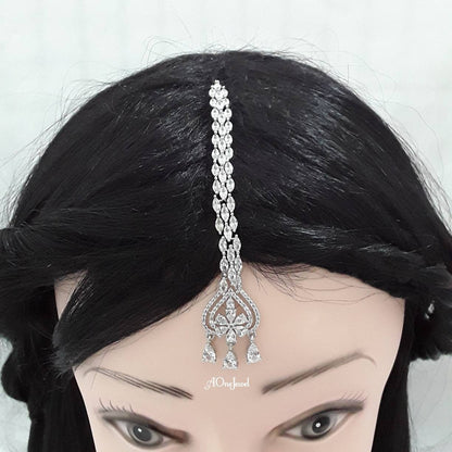 Indian 22K Gold Plated American Diamond head piece Tikka | Silver Tikka | Gold mang tikka | pakistani designer jewellery |  bridal jewellery