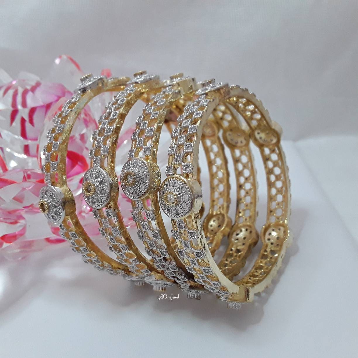 Indian 22K Gold Plated AD CZ 4pc Bangles Size 2.4