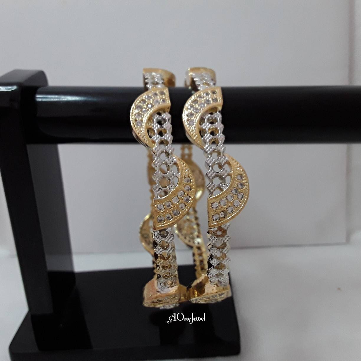 Indian 22K Gold Plated AD CZ 2pc Bangles Size 2.8