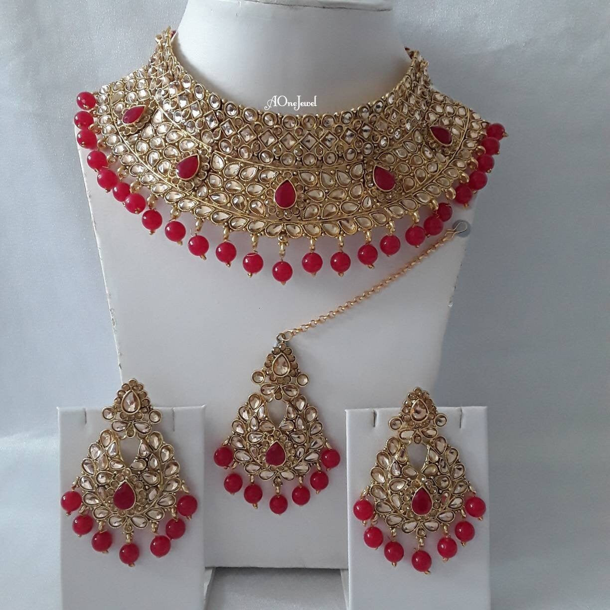 Indian Ethnic Kundan Pearl Gold Plated Choker Necklace Earrings Tikka Set, Pearl Necklace Set, Wedding Jewellery Set, Bridal Jewelry Set