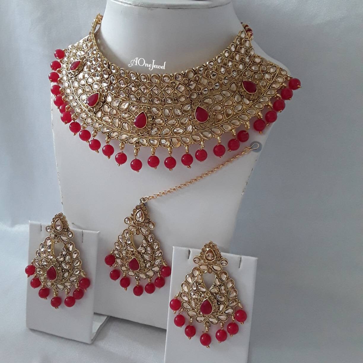 Indian Ethnic Kundan Pearl Gold Plated Choker Necklace Earrings Tikka Set, Pearl Necklace Set, Wedding Jewellery Set, Bridal Jewelry Set