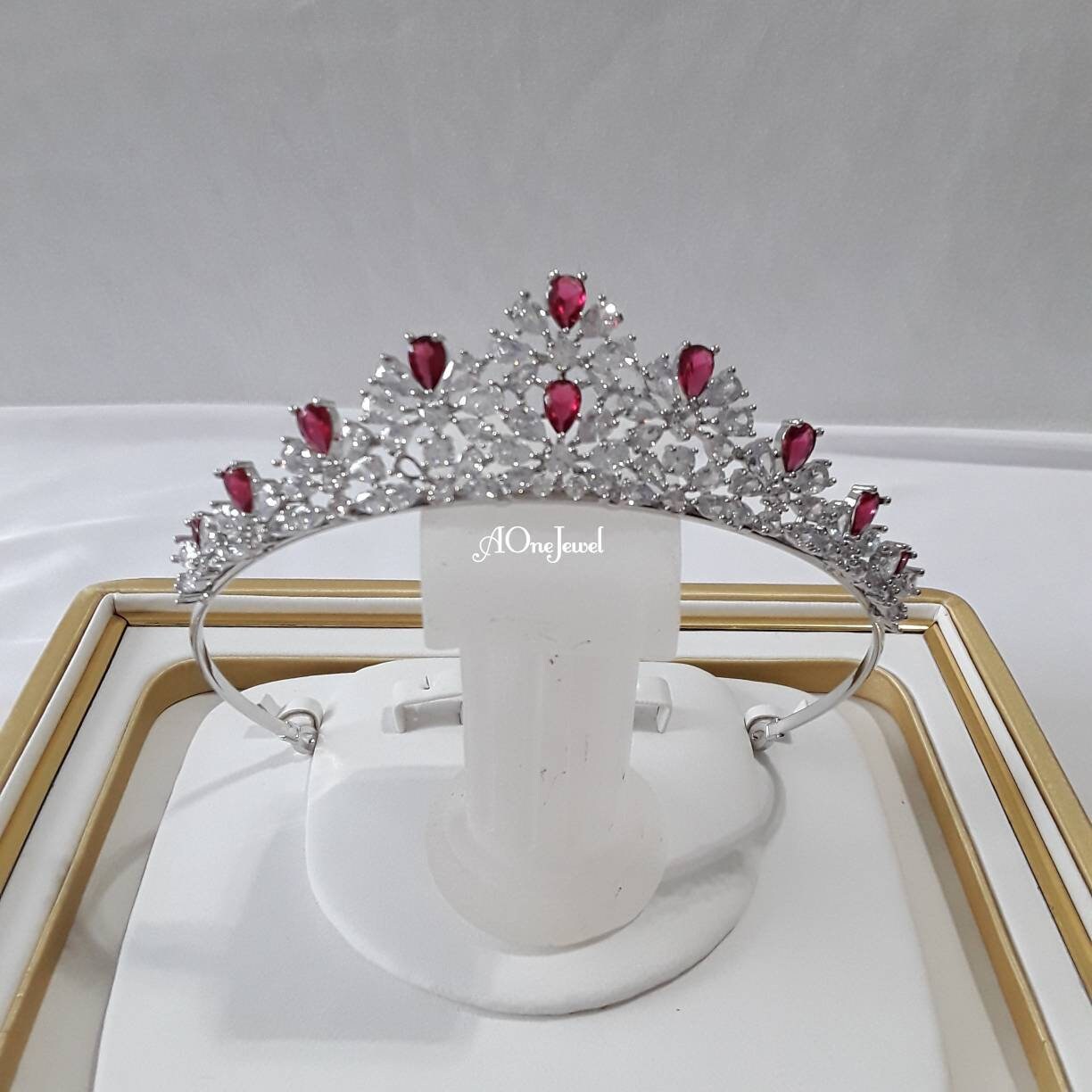 High Quality CZ Diamond Ruby Pink Bridal Headpiece Silver Tiara