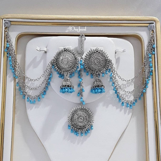 Indian Antique Silver Sky Blue Crystal Pearl Sahara Earrings Tikka Set