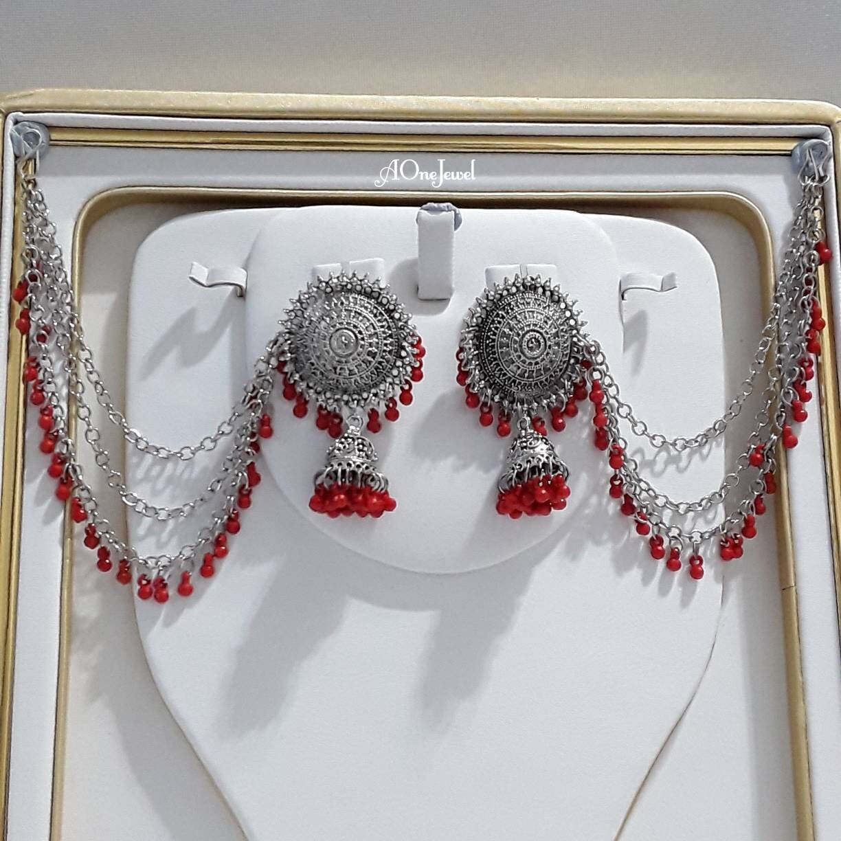 Indian Antique Silver Red Crystal Pearl Sahara Earrings Tikka Set