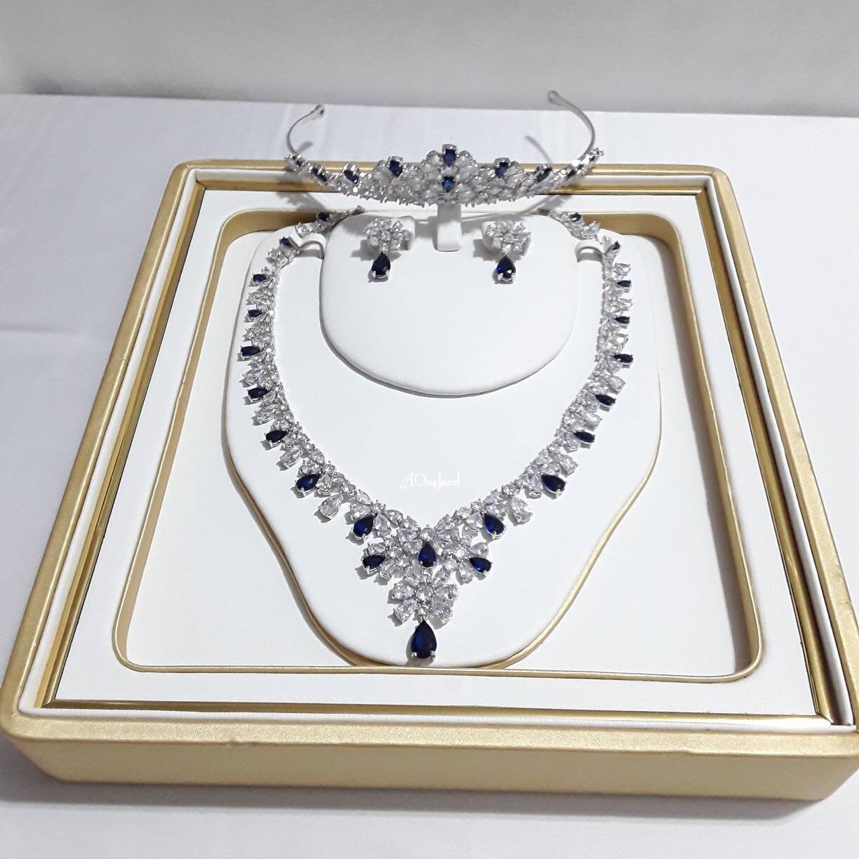 Indian Bridal CZ Diamond 3PCS Sapphir Necklace Set