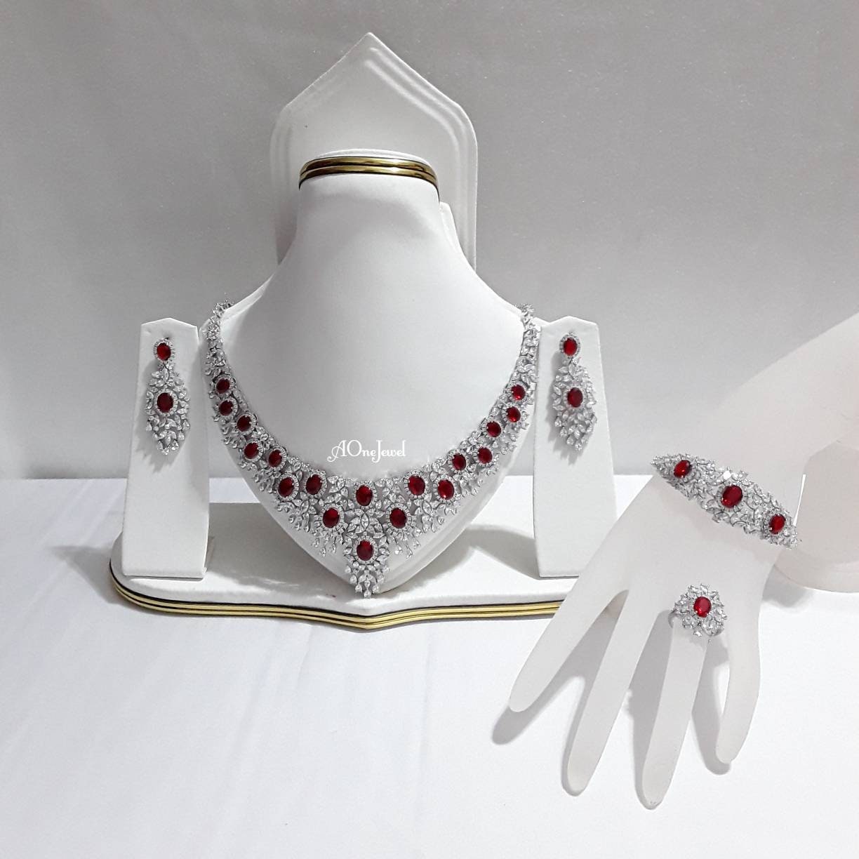 Indian Bridal CZ Diamond 4PCS Red Necklace Set