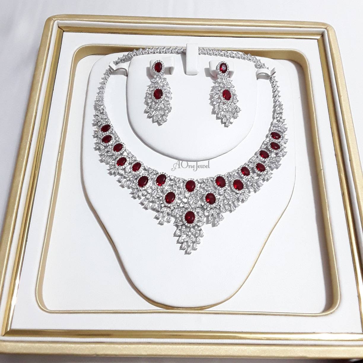 Indian Bridal CZ Diamond 4PCS Red Necklace Set