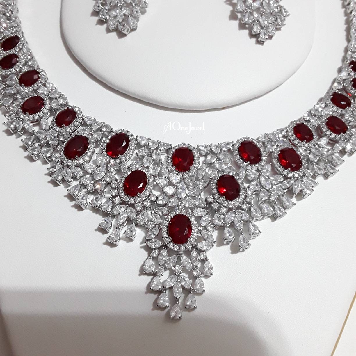 Indian Bridal CZ Diamond 4PCS Red Necklace Set