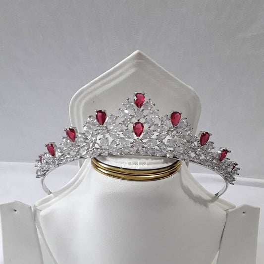 High Quality CZ Diamond Ruby Pink Bridal Headpiece Silver Tiara