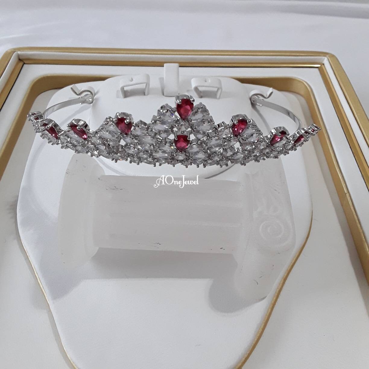 High Quality CZ Diamond Ruby Pink Bridal Headpiece Silver Tiara