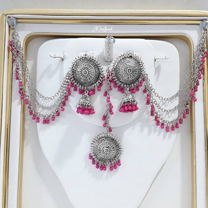 Indian Antique Silver Pink Crystal Pearl Sahara Earrings Tikka Set