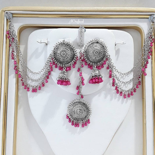 Indian Antique Silver Pink Crystal Pearl Sahara Earrings Tikka Set