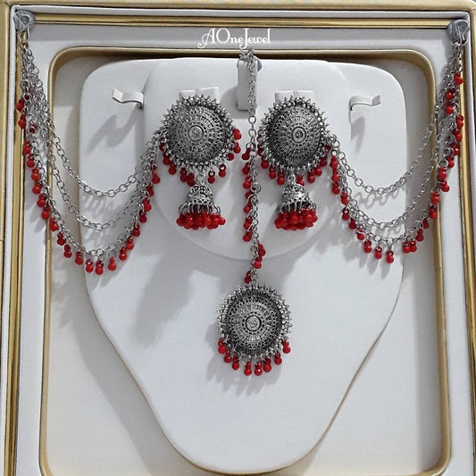 Indian Antique Silver Red Crystal Pearl Sahara Earrings Tikka Set