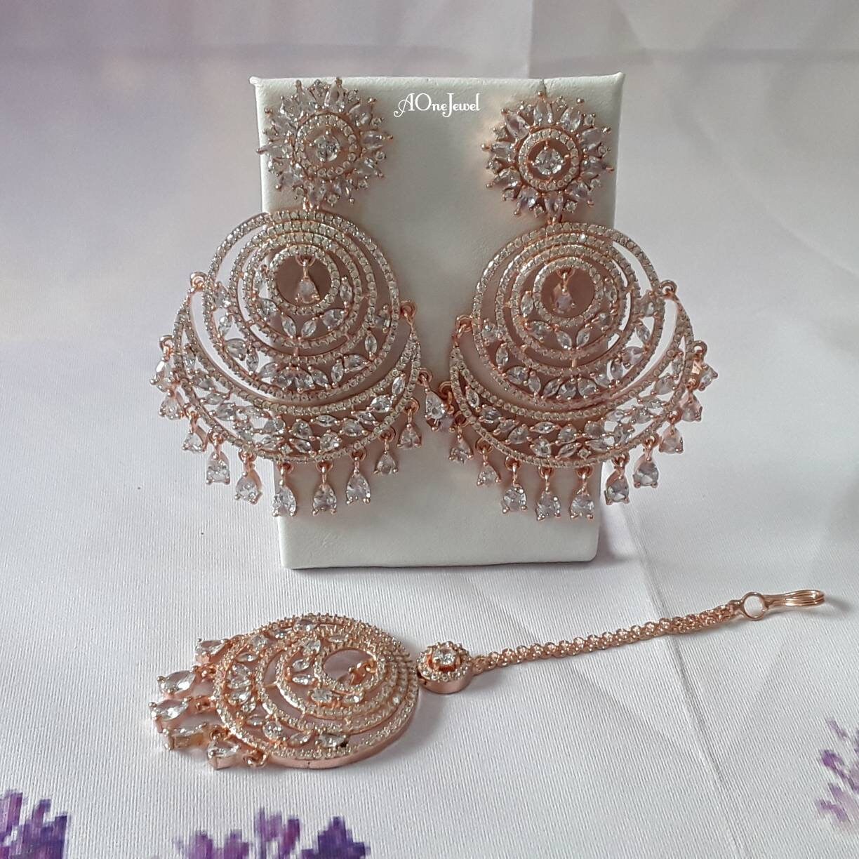 Indian Jewellery, American CZ Diamond Earrings and Tikka Set