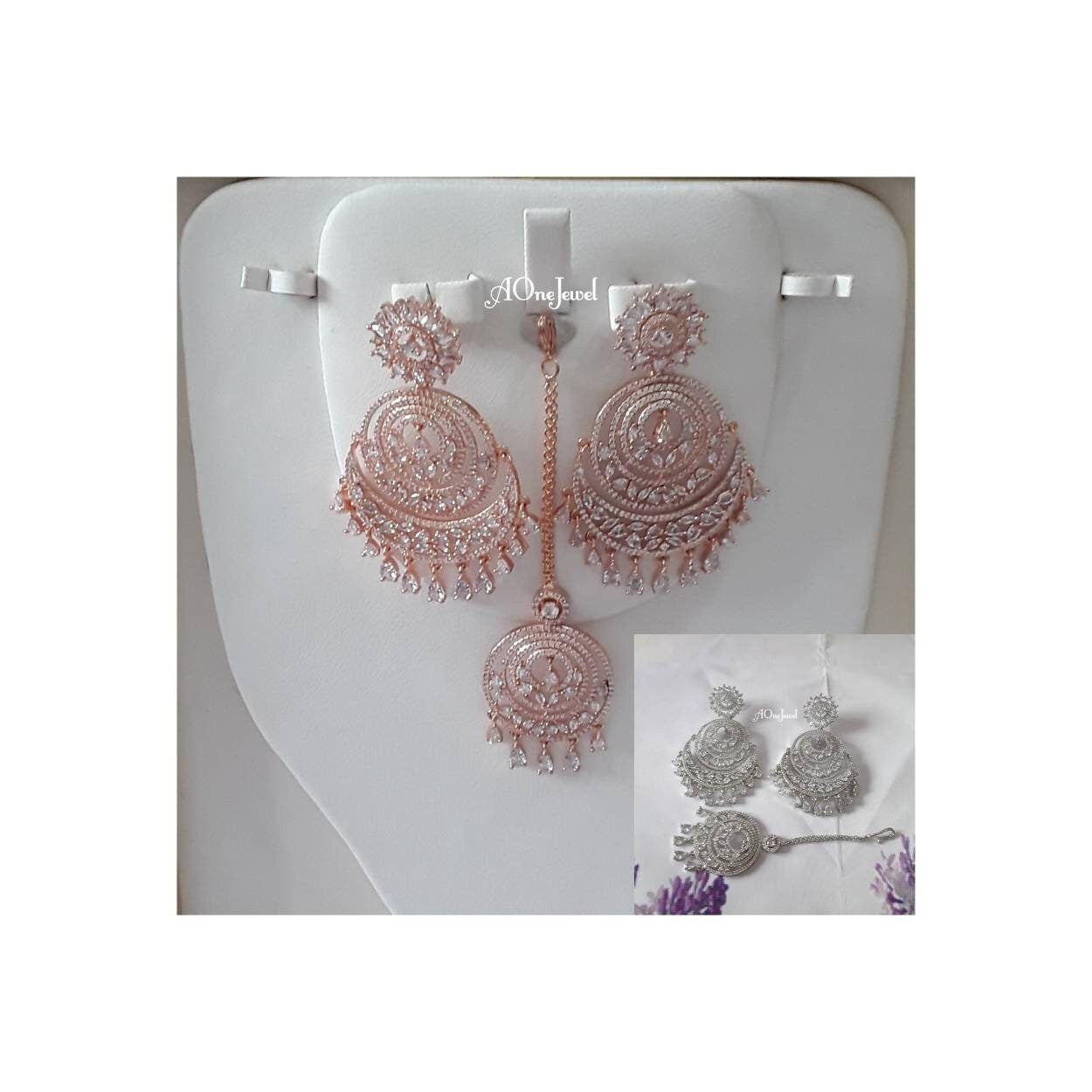 Indian Jewellery, American CZ Diamond Earrings and Tikka Set