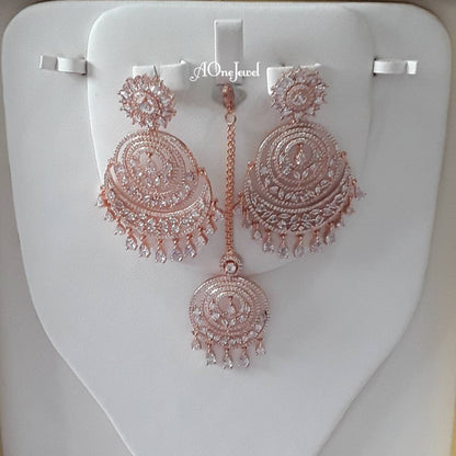 Indian Jewellery, American CZ Diamond Earrings and Tikka Set