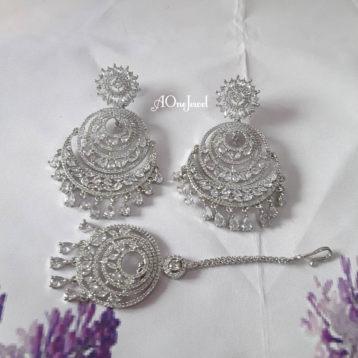 Indian Jewellery, American CZ Diamond Earrings and Tikka Set