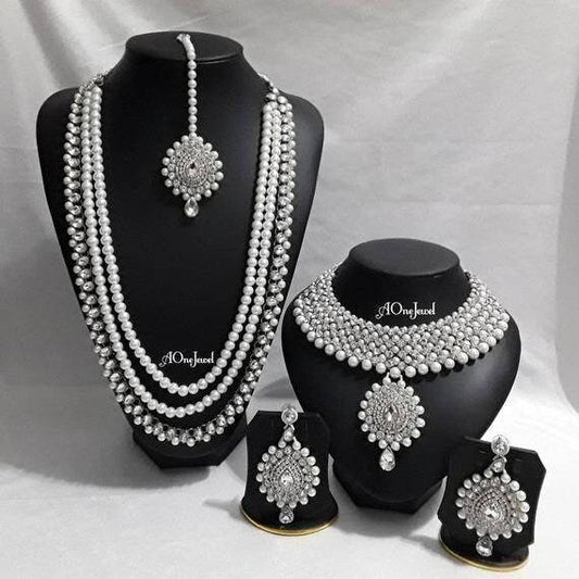 Indian wedding bridal jewellery set long necklace earrings set Silver plated jewellery set ethnic kundan necklace pakistani designer set