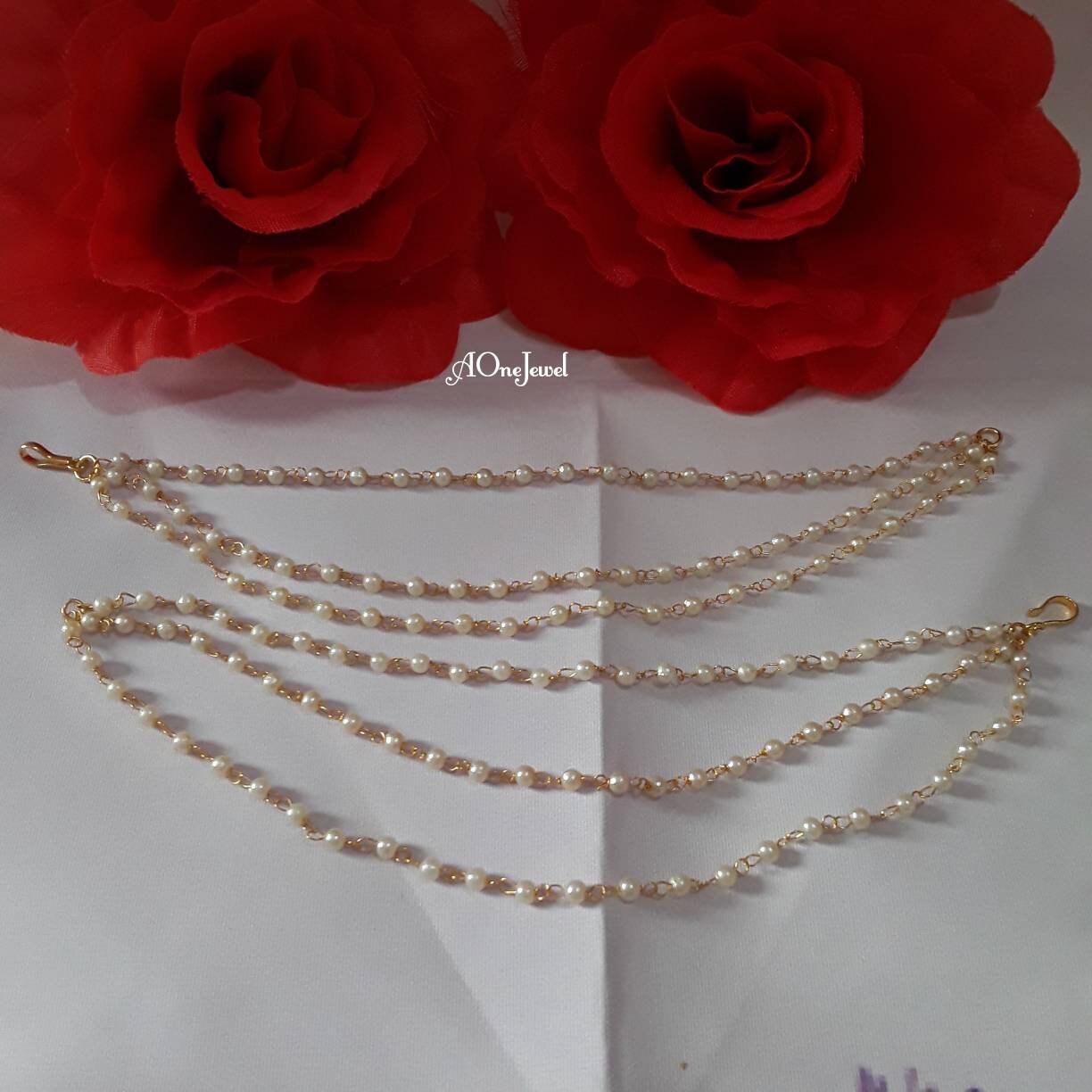 3 Line Gold Pearl Sahara For Earrings