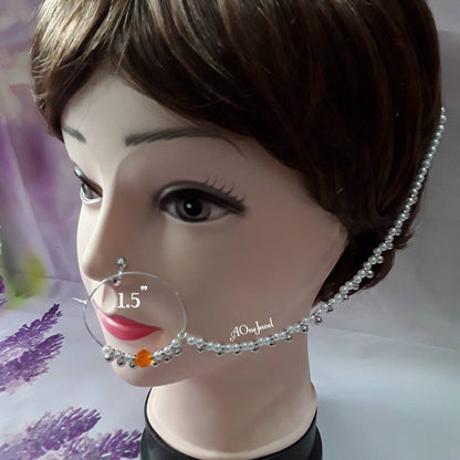 Indian Pearl Nath, Traditional Nose Ring, Pierced Nose Ring, Nose Ring Chain, Orange Colour Nathni Jewellery, Nose Hoops, Bridal Nose Ring