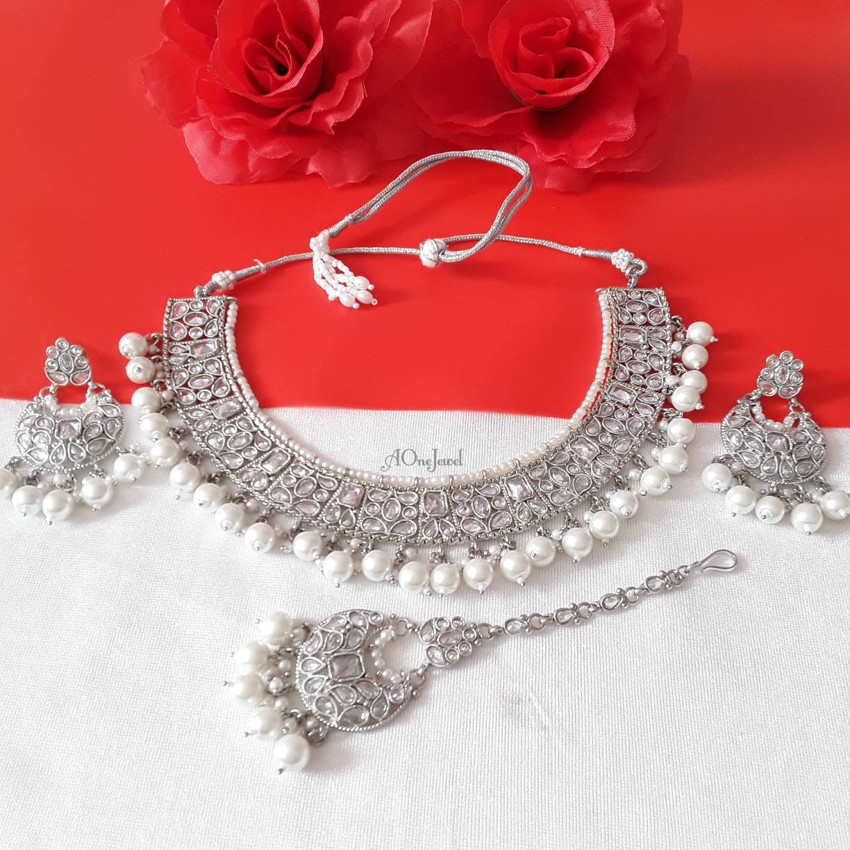 Indian Bridal CZ Diamanté Pearl Statement Necklace Jewellery Set, Silver Wedding Necklace Set, Bridal Jewelry Set, Silver BridalNecklace Set