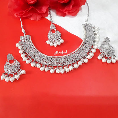 Indian Bridal CZ Diamanté Pearl Statement Necklace Jewellery Set, Silver Wedding Necklace Set, Bridal Jewelry Set, Silver BridalNecklace Set