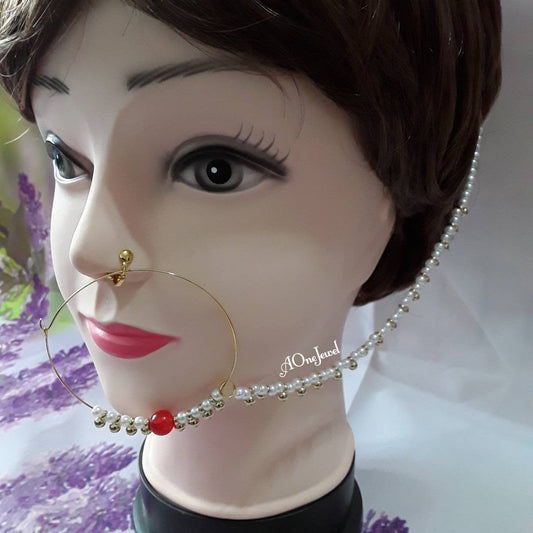 Indian Pearl Nath, Traditional Nose Ring, Pierced Nose Ring, Nose Ring Chain, Red Colour Nathni Jewellery, Nose Hoops, Bridal Nose Ring