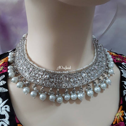 Indian Bridal CZ Diamanté Pearl Statement Necklace Jewellery Set, Silver Wedding Necklace Set, Bridal Jewelry Set, Silver BridalNecklace Set