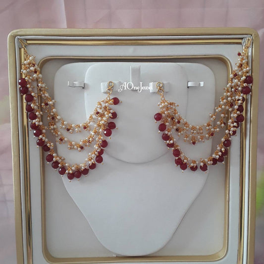 Sahara For Earrings, Gold Plated Maroon Pearl Ear Chain, Ear Support, Detachable Ear Chain, Traditional Jewelry, Pearl Kaan Chain