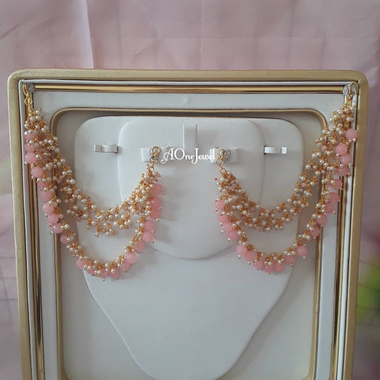 Sahara For Earrings, Gold Plated Baby Pink Pearl Ear Chain, Ear Support, Detachable Ear Chain, Traditional Jewelry, Pearl Kaan Chain