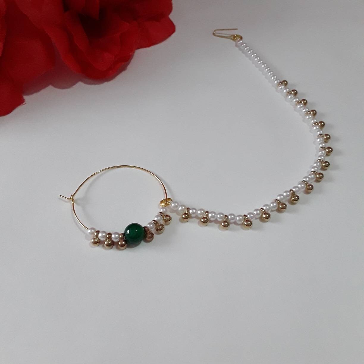 Indian Green Pearl Nath, Traditional Nose Ring, Pierced Nose Ring, Nose Ring Chain, Red Colour Nathni Jewellery, Nose Hoops,Bridal Nose Ring