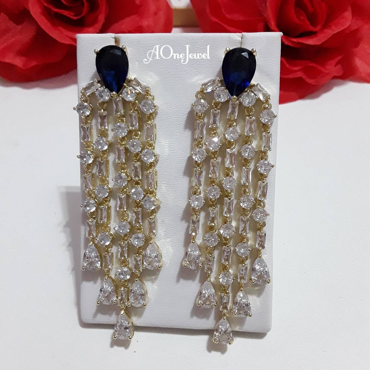 Indian gold plated sapphir tassel earrings