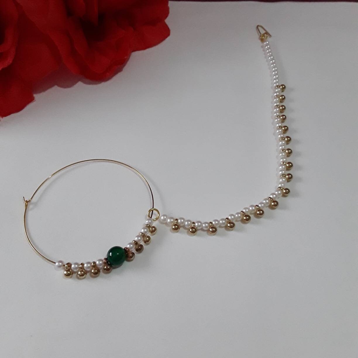 Indian Green Pearl Nath, Traditional Nose Ring, Pierced Nose Ring, Nose Ring Chain, Red Colour Nathni Jewellery, Nose Hoops,Bridal Nose Ring