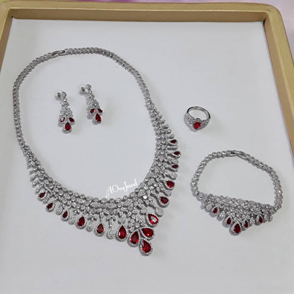 Luxury Indian Bridal CZ Diamond 4PCS Red Necklace Set