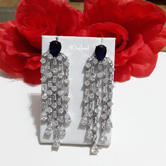 Indian white gold plated Sapphire tassel earrings