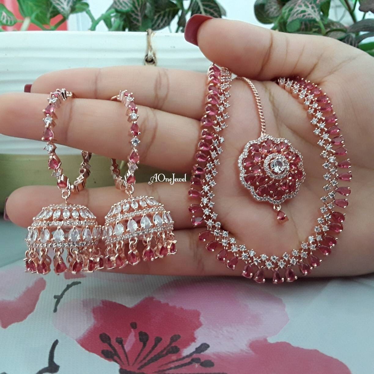 Indian Bridal CZ Diamond Rose Gold Pink Necklace Set