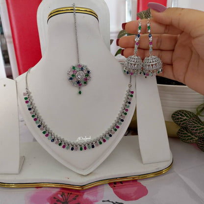 Indian Bridal CZ Diamond Silver Multi Necklace Set