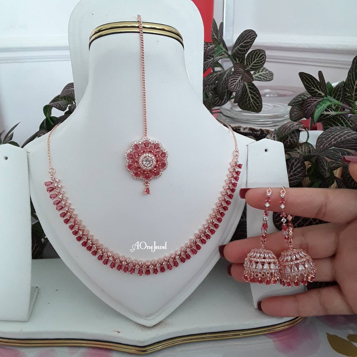 Indian Bridal CZ Diamond Rose Gold Pink Necklace Set