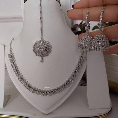 Indian Bridal CZ Diamond Silver Plated Necklace Set