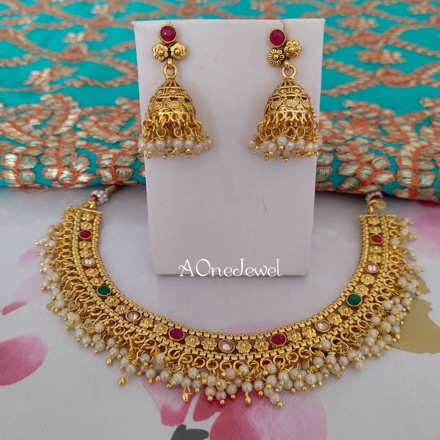 Indian Ethnic Pearl Gold Plated Necklace Set , Pearl Necklace Set, Wedding Jewelry Set, Pakistani Jewellery Set, South Indian Jewelry Set