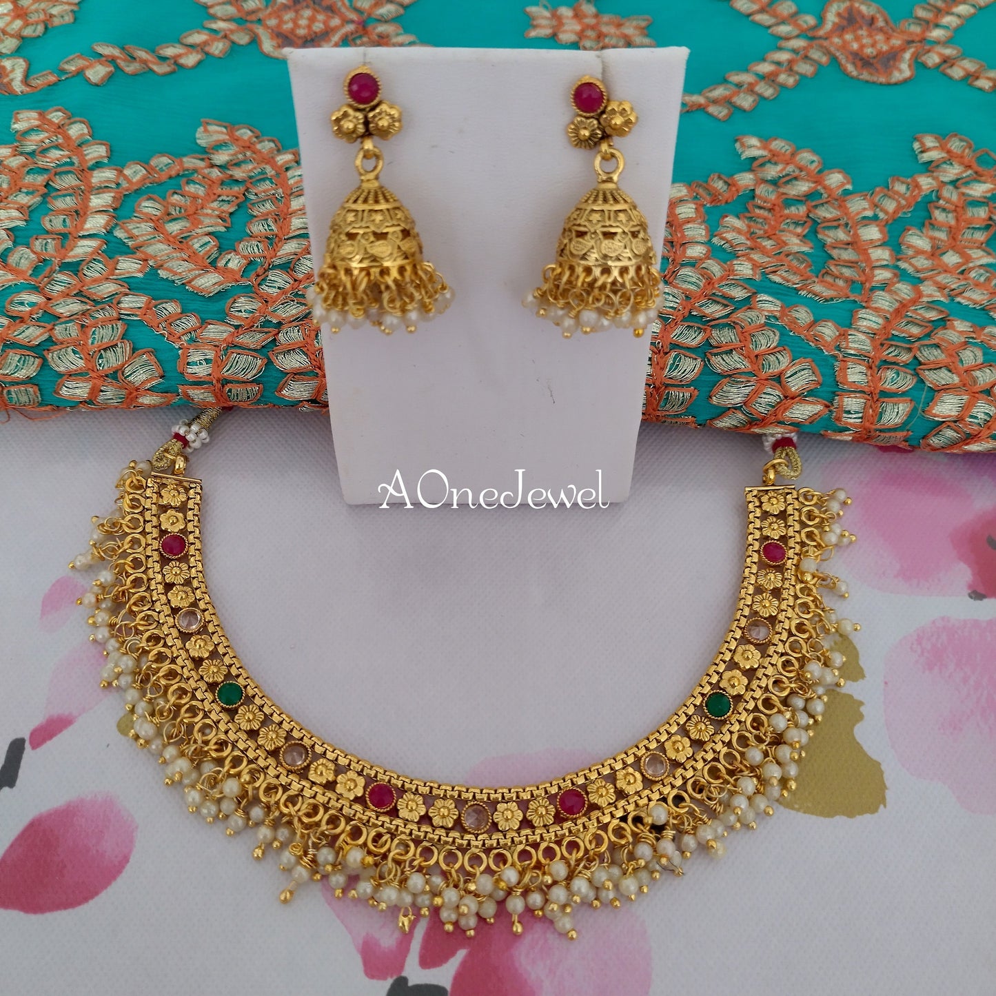 Indian Ethnic Pearl Gold Plated Necklace Set , Pearl Necklace Set, Wedding Jewelry Set, Pakistani Jewellery Set, South Indian Jewelry Set