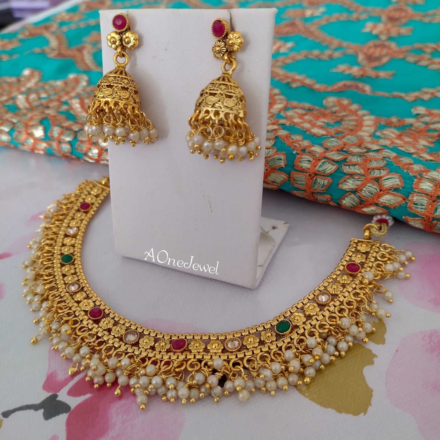 Indian Ethnic Pearl Gold Plated Necklace Set , Pearl Necklace Set, Wedding Jewelry Set, Pakistani Jewellery Set, South Indian Jewelry Set